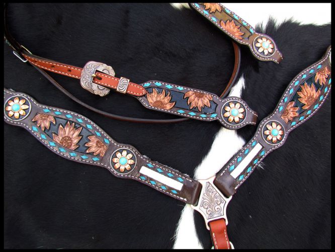 Showman Sunflower Tooled Leather Browband headstall and breastcollar set with cowhide inlays #4